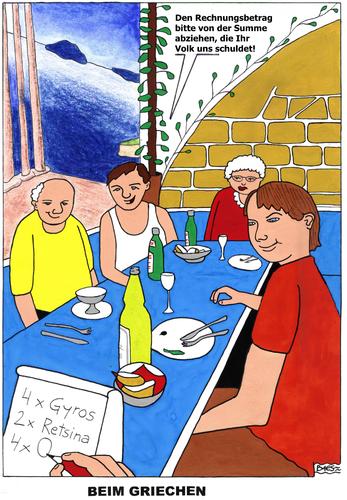 Cartoon: Beim Griechen (medium) by BAES tagged griechenland,staatsbankrott,schulden,essen,restaurant,rechnung,wirtschaft,politik,kellner,pleite