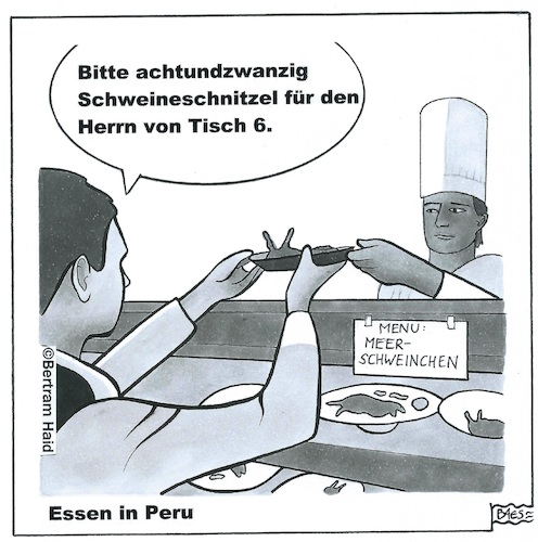 Cartoon: Essen in Peru (medium) by BAES tagged essen,peru,kochen,küche,tiere,schnitzel,spezialität,meerschweinchen,länder,sitten,essen,peru,kochen,küche,tiere,schnitzel,spezialität,meerschweinchen,länder,sitten