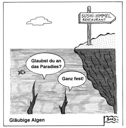 Cartoon: Gläubige Algen (medium) by BAES tagged sushi,algen,pflanzen,meer,restaurant,paradies,himmel