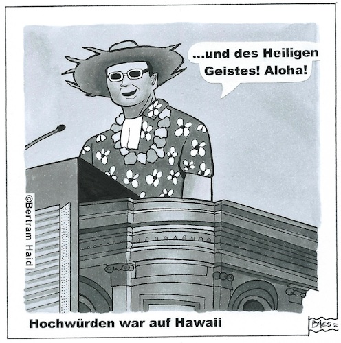 Cartoon: Hochwürden war auf Hawaii (medium) by BAES tagged messe,predigt,glaube,kirche,religion,priester,pfarrer,kanzel,urlaub,messe,predigt,glaube,kirche,religion,priester,pfarrer,kanzel,urlaub