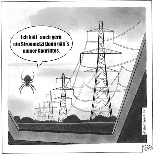 Cartoon: Stromnetz (medium) by BAES tagged strom,energie,stromnetz,elektrizität,netz,spinne,grillen,strom,energie,stromnetz,elektrizität,netz,spinne,grillen