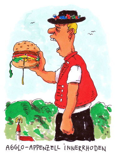 Cartoon: agglomeration (medium) by Andreas Prüstel tagged agglomeration,agglo,appenzellinnerrhoden,schweiz,tracht,fastfood,bigmac,mcdonalds