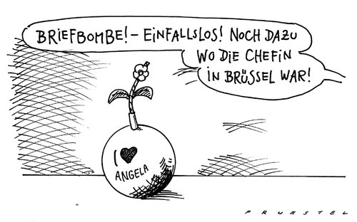 Cartoon: anschlag (medium) by Andreas Prüstel tagged merkel,briefbombe,anschlag,kanzleramt,angela merkel,briefbombe,anschlag,kanzleramt,terror,post,päckchen,terrorismus,drohung,angela,merkel