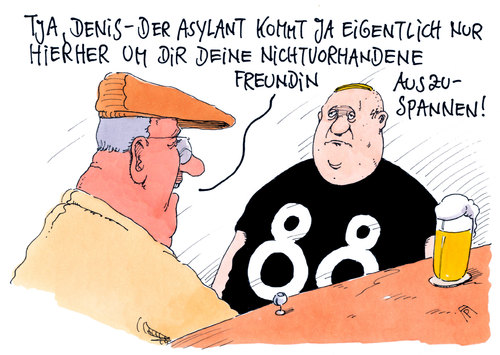 Cartoon: armer denis (medium) by Andreas Prüstel tagged flüchtlinge,asylanten,neonazis,rechtsradikale,denis,freundin,fremdenhass,asyl,cartoon,karikatur,andreas,pruestel,flüchtlinge,asylanten,neonazis,rechtsradikale,denis,freundin,fremdenhass,asyl,cartoon,karikatur,andreas,pruestel