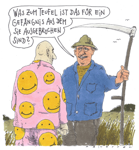 Cartoon: ausbrecher (medium) by Andreas Prüstel tagged gefängnisausbruch,landwirt,smileys,landwirt,smileys,smilie,landwirtschaft,wirtschaft,lachen,laune,gefängnis,knast,sekte,motivation,gute,ausbrechen,ausbruch,kriminalität,anstalt