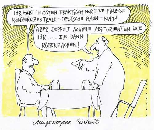 Cartoon: ausgewogene einheit (medium) by Andreas Prüstel tagged deutscheeinheit,ost,west,konzerne,wirtschaft,bildung,abitur,übersiedlung,ost,west,wirtschaft,bildung,abitur,übersiedlung,deutsche einheit,wiedervereinigung,deutsche,einheit