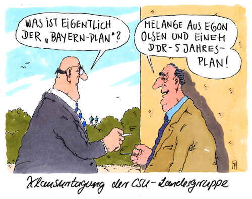 Cartoon: bayern-plan (medium) by Andreas Prüstel tagged csu,klausurtagung,wahlkampf,union,bayernplan,egon,olsen,olsenbande,ddr,planwirtschaft,cartoon,karikatur,andreas,pruestel,csu,klausurtagung,wahlkampf,union,bayernplan,egon,olsen,olsenbande,ddr,planwirtschaft,cartoon,karikatur,andreas,pruestel