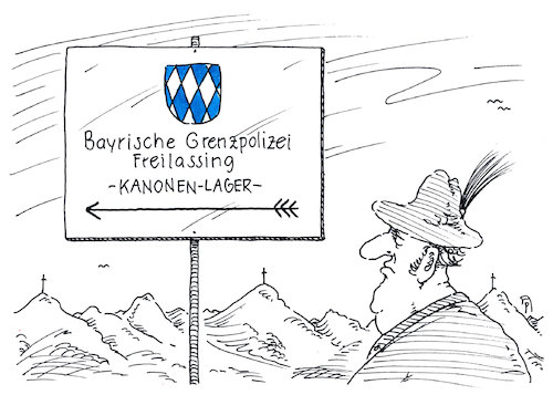 Cartoon: bayerngrenze (medium) by Andreas Prüstel tagged bayern,csu,asyl,asylpolitik,transitzentren,bayrische,grenzpolizei,grenzübergänge,freilassing,cartoon,karikatur,andreas,pruestel,bayern,csu,asyl,asylpolitik,transitzentren,bayrische,grenzpolizei,grenzübergänge,freilassing,cartoon,karikatur,andreas,pruestel