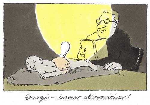 Cartoon: beleuchtung (medium) by Andreas Prüstel tagged alternative,energien,kleinkind,lesen,energie,lampe,birne,alternativ,kind,baby,lesen,lektüre,kinder,beleuchtung,licht,buch,bücher