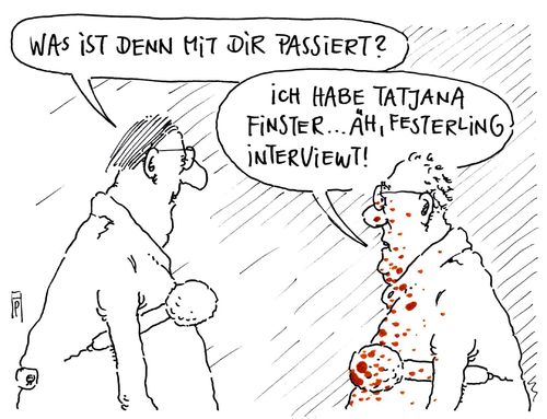 Cartoon: berufsrisiko (medium) by Andreas Prüstel tagged pegida,tatjana,festerling,interview,medien,rechtsradikal,cartoon,karikatur,andreas,pruestel,pegida,tatjana,festerling,interview,medien,rechtsradikal,cartoon,karikatur,andreas,pruestel