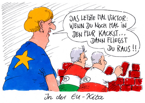 Cartoon: böser viktor (medium) by Andreas Prüstel tagged eu,europa,ungarn,viktor,orban,autokratie,rechtsstaatlichkeit,polen,kaczynski,kita,cartoon,karikatur,andreas,pruestel,eu,europa,ungarn,viktor,orban,autokratie,rechtsstaatlichkeit,polen,kaczynski,kita,cartoon,karikatur,andreas,pruestel