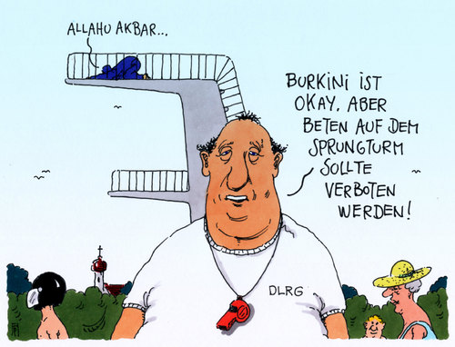 Cartoon: burkini (medium) by Andreas Prüstel tagged pruestel,andreas,karikatur,cartoon,sprungturm,bademeister,freibad,baden,muslima,gebet,islam,toleranz,burkiniverbot,burkini,burkini,burkiniverbot,toleranz,islam,gebet,muslima,baden,freibad,bademeister,sprungturm,cartoon,karikatur,andreas,pruestel