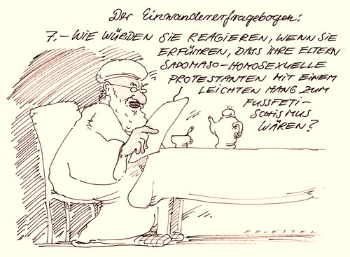 Cartoon: einwanderer (medium) by Andreas Prüstel tagged deutschland,einwanderunf,bundesbehörde,fragebogen,test,bürokratie,islam,fussfetischismus,homosexualität,sadomasoschismus,deutschland,einwanderunf,bundesbehörde,fragebogen,test,bürokratie,islam,fussfetischismus,homosexualität,sadomasoschismus