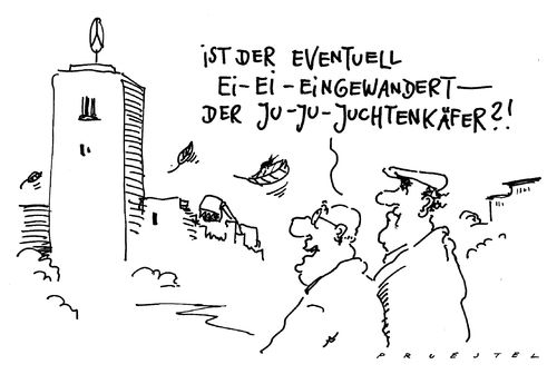 Cartoon: einwanderungsfrage (medium) by Andreas Prüstel tagged stuttgart,stuttgart21,bahnhof,schlossparkbäume,juchtenkäfer,einwanderung,stuttgart,stuttgart 21,einwanderung,bahnhof,21