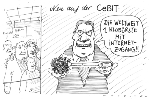 Cartoon: endlich! (medium) by Andreas Prüstel tagged cebit,hannover,innovation,itbranche,klobürste,cebit,hannover,innovation,it branche,klobürste,it,technik,technologie,fortschritt,wc,branche