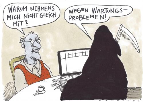 Cartoon: enttäuschung (medium) by Andreas Prüstel tagged tod,planung,tod,sterben,jenseits,alter,altern,opa,rentner,pensionär,rente,ruhestand,rentenempfänger,rente gehen,private altersversorgung,großeltern,lebensabend,lebensabschnitt,gebrechlich,gebrechen,alt,depression,leben,lebensmüde,planung,vorsorge,sensenmann,wartung,probleme,wartungsarbeiten,gehen,private,altersversorgung