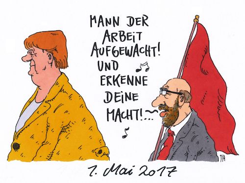 Cartoon: erster mai (medium) by Andreas Prüstel tagged erster,mai,merkel,schulz,spd,cdu,arbeiterlied,georg,herwegh,umfragewerte,bundestagswahlen,kanzlerschaft,cartoon,karikatur,andreas,pruestel,erster,mai,merkel,schulz,spd,cdu,arbeiterlied,georg,herwegh,umfragewerte,bundestagswahlen,kanzlerschaft,cartoon,karikatur,andreas,pruestel