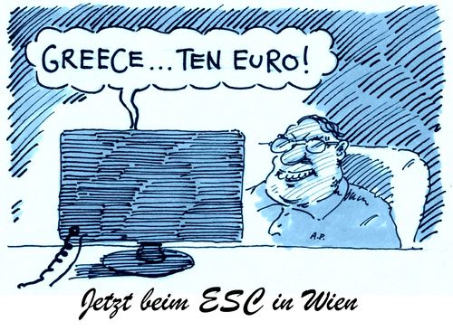 Cartoon: esc wien (medium) by Andreas Prüstel tagged eurovision,song,contest,esc,wien,griechenland,euro,finanzkrise,cartoon,karikatur,andreas,pruestel,eurovision,song,contest,esc,wien,griechenland,euro,finanzkrise,cartoon,karikatur,andreas,pruestel