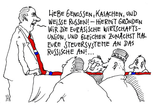 Cartoon: eurasische union (medium) by Andreas Prüstel tagged eurasische,wirtschaftsunion,russland,sowjetunion,udssr,weißrussland,kasachstan,steuersysteme,putin,cartoon,karikatur,andreas,pruestel,eurasische,wirtschaftsunion,russland,sowjetunion,udssr,weißrussland,kasachstan,steuersysteme,putin,cartoon,karikatur,andreas,pruestel