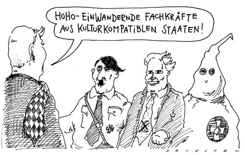 Cartoon: fachkräfte (medium) by Andreas Prüstel tagged seehofer,kukluxklan,wilders,hitler,usa,niederlande,österreich,einwanderung,fachkräftemangel,horst seehofer,wilders,hitler,usa,niederlande,österreich,einwanderung,fachkräftemangel,qualifikation,bildung,migration,immigration,horst,seehofer