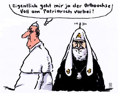 Cartoon: franziskus und kyrill (medium) by Andreas Prüstel tagged papst,franziskus,patriarch,kyrill,katholische,kirche,russisch,orthodoxe,versöhnung,cartoon,karikatur,andreas,pruestel,papst,franziskus,patriarch,kyrill,katholische,kirche,russisch,orthodoxe,versöhnung,cartoon,karikatur,andreas,pruestel