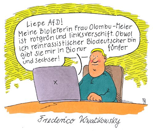 Cartoon: frederico (medium) by Andreas Prüstel tagged afd,denunziation,schule,lehrer,schüler,biodeutscher,biologie,zensuren,cartoon,karikatur,andreas,pruestel,afd,denunziation,schule,lehrer,schüler,biodeutscher,biologie,zensuren,cartoon,karikatur,andreas,pruestel