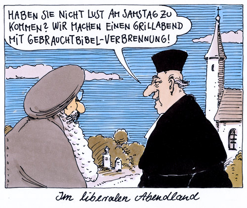 Cartoon: gebrauchtbibel (medium) by Andreas Prüstel tagged bibel,christentum,kirche,pastor,grillabend,islam,muslim,imam,abendland,cartoon,karikatur,andreas,pruestel,bibel,christentum,kirche,pastor,grillabend,islam,muslim,imam,abendland,cartoon,karikatur,andreas,pruestel