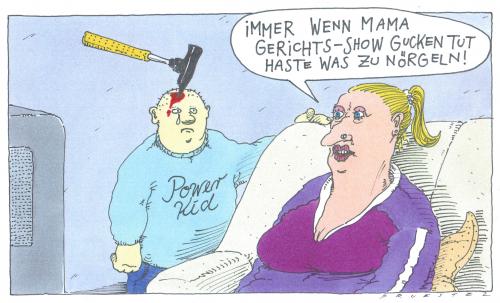 Cartoon: gerichtsshow (medium) by Andreas Prüstel tagged tv,mutter,kind,gewalt,privatfernsehen,gesellschaft,unterhaltung,unterhaltungskultur,kultur,familie,tv,fernsehen,medien,programm,sender,gerichtsshow,gericht,freizeit,privatfernsehen,gewalt,kind,mutter,hausfrau,familiendrama,familienbild,erziehung,elternhaus,jugendhilfe,kinder,kinderhilfe,kindesmissbrauch,kindesmisshandlung,körperverletzung,misshandlung,nachwuchs,verantwortung,bildung,wissen,werte,vernachlässigen,zielgruppe,rabenmutter