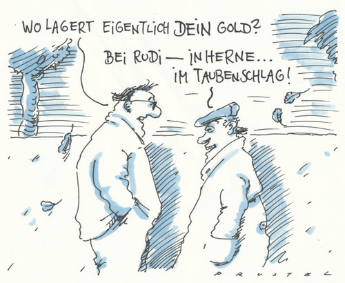 Cartoon: goldreserve (medium) by Andreas Prüstel tagged deutschland,goldreserven,auslagerung,herne,taubenschlag,ruhrpott,rudi,deutschland,goldreserven,auslagerung,herne,taubenschlag,ruhrpott,rudi