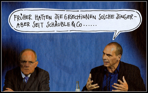 Cartoon: griechische dinger (medium) by Andreas Prüstel tagged griechenland,staatsverschuldung,eu,euro,varoufakis,cartoon,collage,andreas,pruestel,schäuble