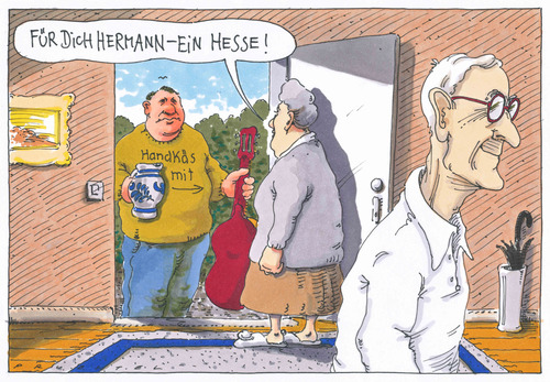 Cartoon: Hesse (medium) by Andreas Prüstel tagged hermannhesse,hessen,bembel,apfelwein,handkäsmitmusik,hermann hesse,bembel,apfelwein,wein,hermann,hesse