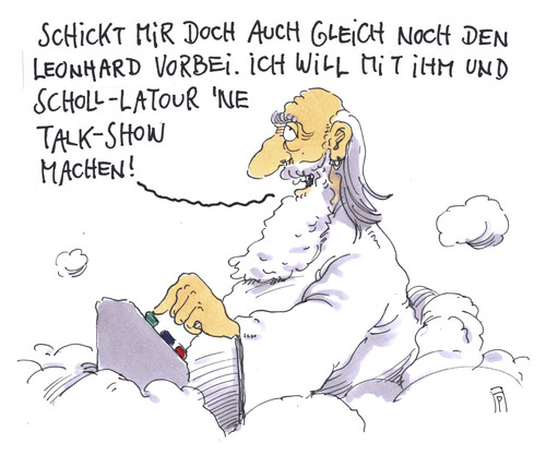 Cartoon: himmels-tv (medium) by Andreas Prüstel tagged gott,himmel,talkshow,tv,wolfgang,leonhard,peter,scholl,latour,cartoon,karikatur,andreas,pruestel,gott,himmel,talkshow,tv,wolfgang,leonhard,peter,scholl,latour,cartoon,karikatur,andreas,pruestel