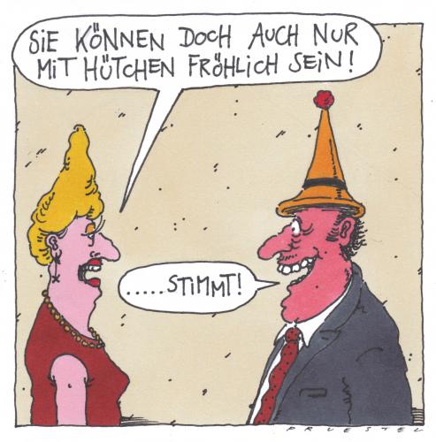 Cartoon: hütchen (medium) by Andreas Prüstel tagged party,party,fete,unterhaltung,gesellschaft,feier,leute,small talk,hut,kopfbedeckung,hütchen,partyhut,partyhütchen,feiern,fröhlichkeit,spaß,amüsieren,kultur,deutsche,partykultur,feierkultur,alkohol,hemmungen,hemmschwelle,betrunken,besoffen,small,talk