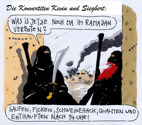 Cartoon: konvertiten (medium) by Andreas Prüstel tagged islamisten,dschihadisten,is,syrien,irak,deutsche,ramadan,cartoon,karikatur,andreas,pruestel,islamisten,dschihadisten,is,syrien,irak,deutsche,ramadan,cartoon,karikatur,andreas,pruestel