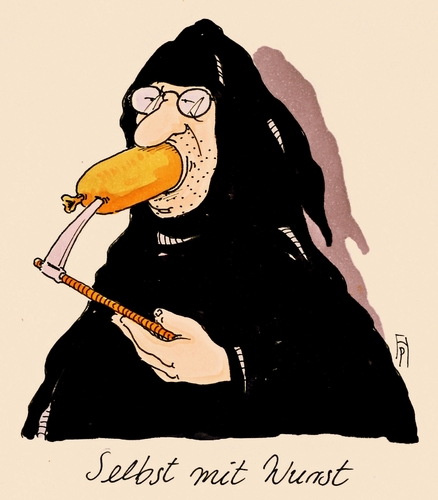 Cartoon: mit wurst (medium) by Andreas Prüstel tagged wurst,fleisch,krebs,krebsrisiko,darmkrebs,tod,selbstbildnis,cartoon,karikatur,andreas,pruestel,wurst,fleisch,krebs,krebsrisiko,darmkrebs,tod,selbstbildnis,cartoon,karikatur,andreas,pruestel