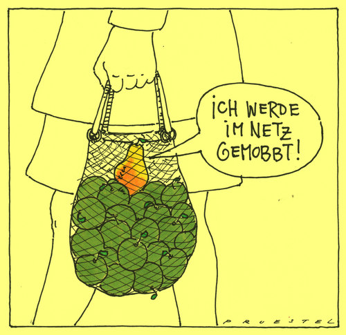 Cartoon: mobbing (medium) by Andreas Prüstel tagged birne,äpfel,schülerseiten,internetforen,internet,mobbing,einkaufsnetz,mobbing,internet,internetforen,schülerseiten,äpfel,birne,einkaufsnetz,netz,verkauf,handel