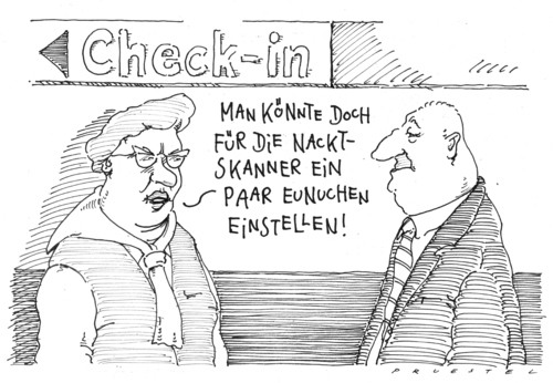 Cartoon: nacktscanner (medium) by Andreas Prüstel tagged passagierkontrolle,körperscanner,airport,passagierkontrolle,körperscanner,airport,terror,kontrolle,klein,peinlich,flughafen,verkehr,fliegen,sicherheit,terrorismus,nackt,nacktscanner,scanner