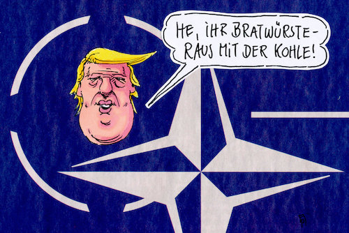 Cartoon: natotrump (medium) by Andreas Prüstel tagged nato,jubiläum,usa,trump,deutschland,rüstungsetat,bratwürste,cartoon,karikatur,andreas,pruestel,nato,jubiläum,usa,trump,deutschland,rüstungsetat,bratwürste,cartoon,karikatur,andreas,pruestel