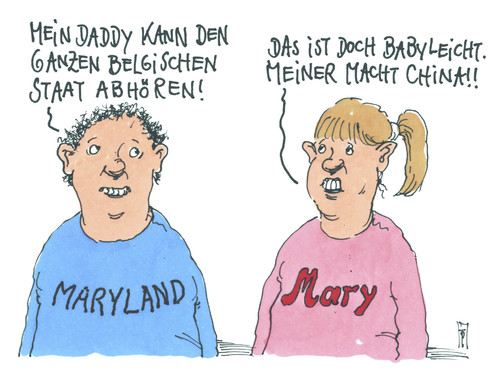 Cartoon: nsa kids (medium) by Andreas Prüstel tagged pruestel,andreas,karikatur,cartoon,ausspionierung,abhörung,mary,maryland,usa,china,belgien,auslandsgeheimdienst,nsa,nsa,auslandsgeheimdienst,usa,maryland,mary,abhörung,ausspionierung,china,belgien,cartoon,karikatur,andreas,pruestel