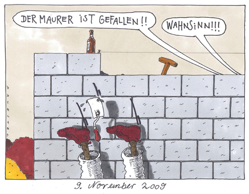 Cartoon: o.t. (medium) by Andreas Prüstel tagged mauerfall,mauer,mauerfall,20 jahre,1989,berlin,berliner mauer,wiedervereinigung,maueröffnung,ost,west,20,jahre,berliner,maurer