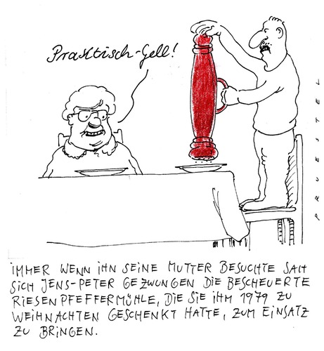 Cartoon: pfeffermühle (medium) by Andreas Prüstel tagged pfeffer,pfeffermühle,essen,mutter,sohn,geschenk,pfeffer,pfeffermühle,essen,geschenk,sohn,mutter,familie