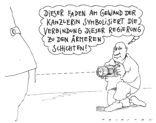 Cartoon: pressefotograf (medium) by Andreas Prüstel tagged pressefotografie,merkel,kanzlerin,sparprogramm,hartz4kürzungen,nähfaden,gerissenerfaden,koalition,regierung,pressefotografie,angela merkel,hartz4,koalition,regierung,arbeit,job,arm,armut,schere,angela,merkel