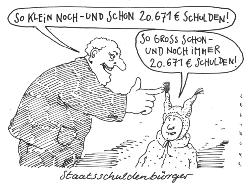 Cartoon: pro kopf (medium) by Andreas Prüstel tagged deutsche,staatsschulden,deutsche,staatsschulden,schulden,staat,finanzen,finanzkrise,wirtschaftskrise,bürger