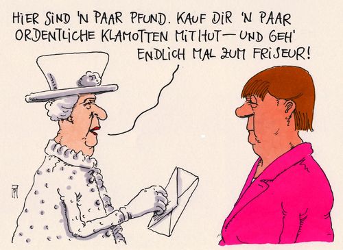 Cartoon: queen hilfreich (medium) by Andreas Prüstel tagged queen,elisabeth,staatsbesuch,deutschland,angela,merkel,klamotten,hut,friseur,englische,pfund,england,cartoon,karikatur,andreas,pruestel,queen,elisabeth,staatsbesuch,deutschland,angela,merkel,klamotten,hut,friseur,englische,pfund,england,cartoon,karikatur,andreas,pruestel