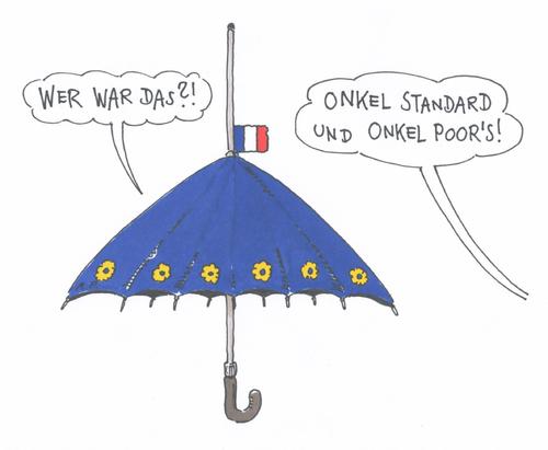 Cartoon: rettungsschirms herabstufung (medium) by Andreas Prüstel tagged frankreich,eurokrise,ratingagentur,herabstufung,rettungsschirm,esfs,esm