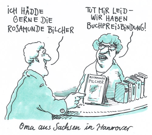 Cartoon: sachsen niedersachsen (medium) by Andreas Prüstel tagged dialekt,rosamundepilcher,buchhandel,buchpreisbindung,preis,sachsen,niedersachsen,hannover,oma,lesen,dialekt,buchhandel,buchpreisbindung,sachsen,niedersachsen,literatur