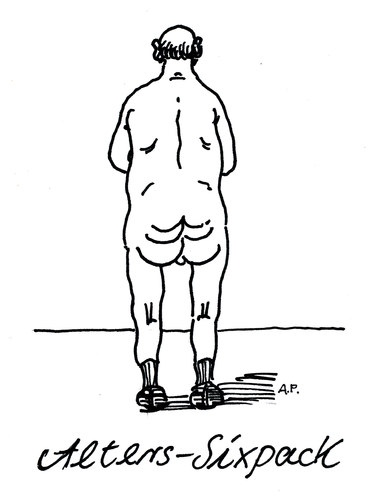 Cartoon: sixpack (medium) by Andreas Prüstel tagged alter,alterung,verfall,haut,falten,sixpack,alter,alterung,verfall,haut,falten,sixpack,senioren,alt,körper,schwerkraft