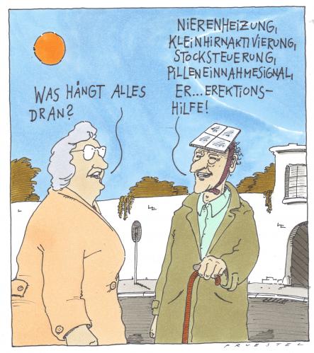 Cartoon: so solar! (medium) by Andreas Prüstel tagged solarenergie,gesundheitssystem,solarenergie,solar,energie,alternative,umwelt,gesundheitssystem,gesundheit,sonne,alter,alt,rentner,ältere,altersversorgung,altersvorsorge,gebrechen,gebrechlich,greis,großmutter,großvater,lebensabend,lebensabschnitt,oma,opa,pension,pensionär,pflege,private altersversorgung,rente,versicherung,krankenversicherung,gehen,rentenempfänger,rentenversicherung,rentnerin,versorgungsbezüge,ruhestand,ruhegeld,körper,funktionen,technik,technologie,fortschritt,entwicklung,hilfe,medizin,patient,krankheit,private