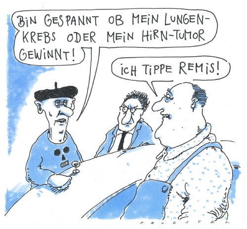 Cartoon: spannend (medium) by Andreas Prüstel tagged sieg,unentschieden,hirntumor,lungenkrebs,tod,kneipe,sieg,unentschieden,lungenkrebs,tod,kneipe,tumor,krankheit,gesundheit,rauchen,raucher