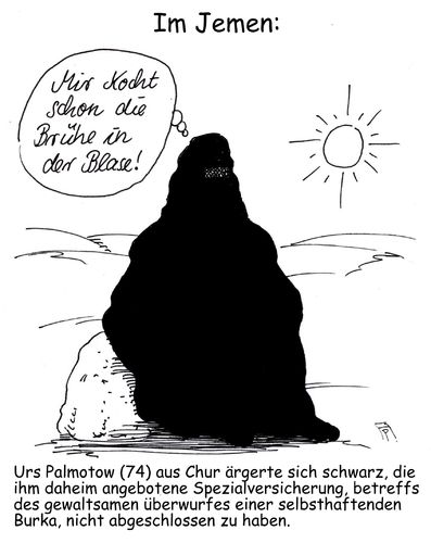 Cartoon: spezialversicherung (medium) by Andreas Prüstel tagged versicherungen,spezialversicherung,burka,islam,muslima,jemen,islamisten,blase,chur,schweiz,cartoon,karikatur,versicherungen,spezialversicherung,burka,islam,muslima,jemen,islamisten,blase,chur,schweiz,cartoon,karikatur